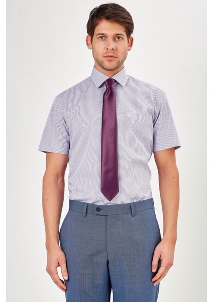 Erkek Lila Ekose Slim Fit Uzun Kol Gömlek