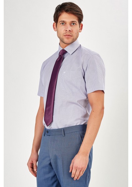 Erkek Lila Ekose Slim Fit Uzun Kol Gömlek