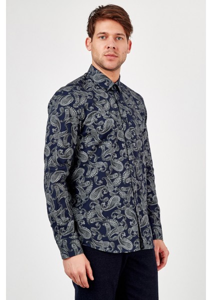 Erkek Lacivert Desenli Slim Fit Uzun Kol Gömlek modelleri