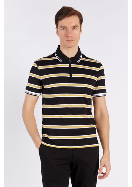 Erkek Siyah - Altın Striped Kısa Kol Polo Yaka T-Shirt