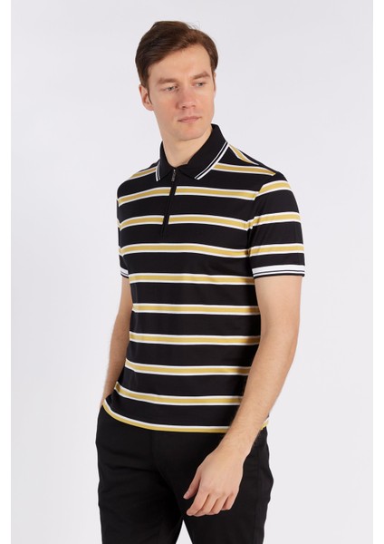 Erkek Siyah - Altın Striped Kısa Kol Polo Yaka T-Shirt fiyatları