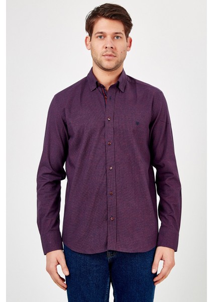 Erkek Koyu Mor Desenli Slim Fit Uzun Kol Gömlek