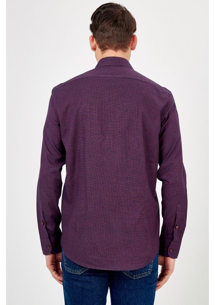 Erkek Koyu Mor Desenli Slim Fit Uzun Kol Gömlek
