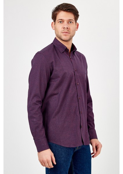 Erkek Koyu Mor Desenli Slim Fit Uzun Kol Gömlek