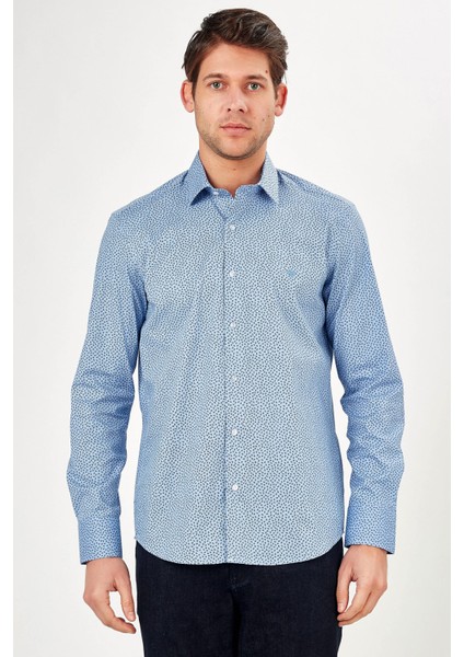 Erkek Mavi Desenli Slim Fit Uzun Kol Gömlek