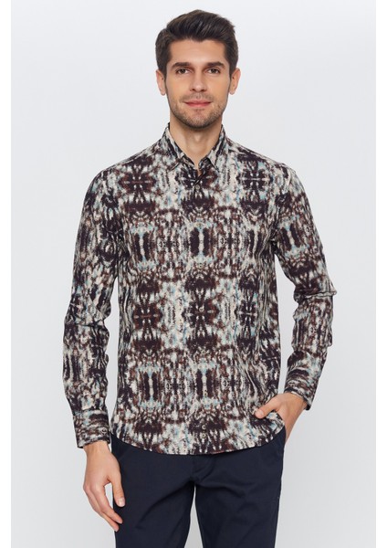 Erkek Kahverengi Multicolor Desenli Slim Fit Uzun Kol Gömlek