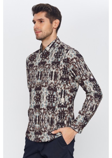 Erkek Kahverengi Multicolor Desenli Slim Fit Uzun Kol Gömlek