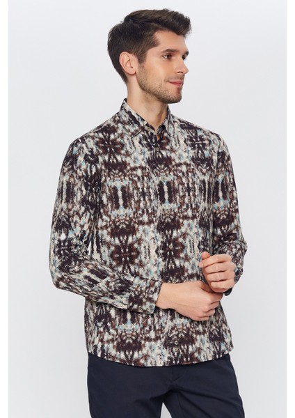 Erkek Kahverengi Multicolor Desenli Slim Fit Uzun Kol Gömlek