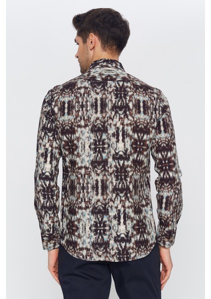 Erkek Kahverengi Multicolor Desenli Slim Fit Uzun Kol Gömlek