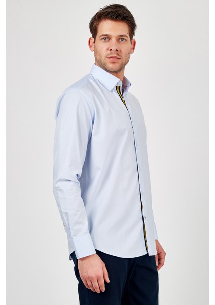 Erkek Açık Mavi Düz Slim Fit Uzun Kol Gömlek