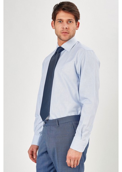 Erkek Açık Mavi Düz Slim Fit Uzun Kol Gömlek