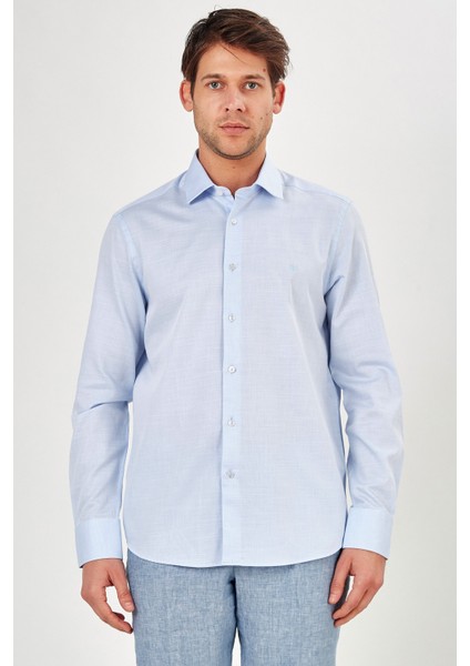 Erkek Açık Mavi Düz Slim Fit Uzun Kol Gömlek