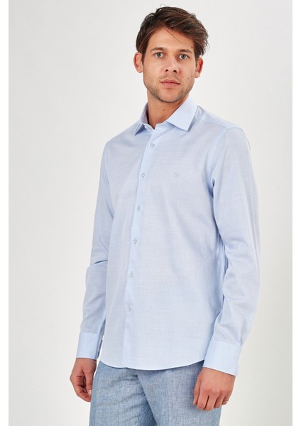 Erkek Açık Mavi Düz Slim Fit Uzun Kol Gömlek