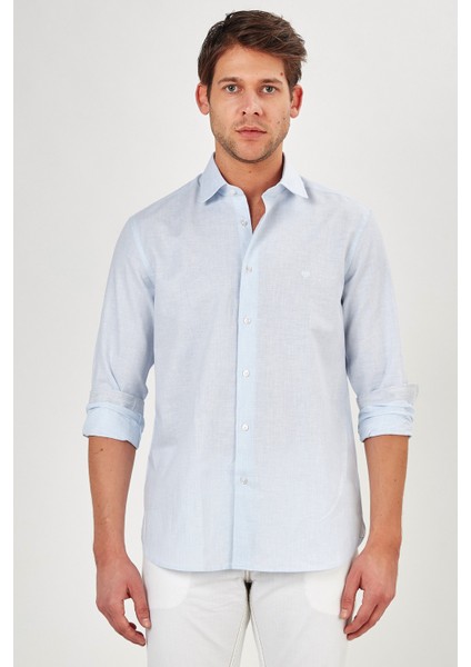 Erkek Açık Mavi Düz Slim Fit Uzun Kol Gömlek