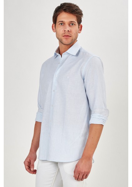 Erkek Açık Mavi Düz Slim Fit Uzun Kol Gömlek