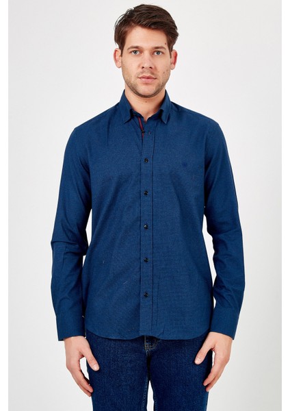 Erkek Koyu Lacivert Desenli Slim Fit Uzun Kol Gömlek