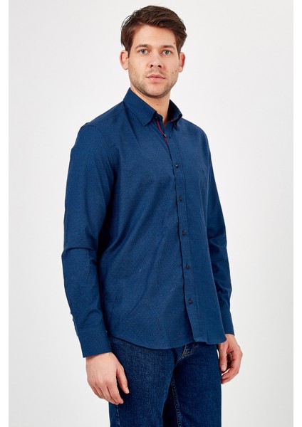 Erkek Koyu Lacivert Desenli Slim Fit Uzun Kol Gömlek modelleri