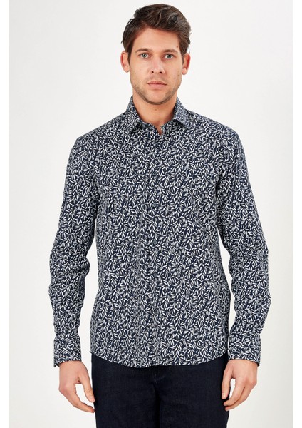 Erkek Lacivert Desenli Slim Fit Uzun Kol Gömlek