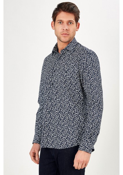 Erkek Lacivert Desenli Slim Fit Uzun Kol Gömlek modelleri