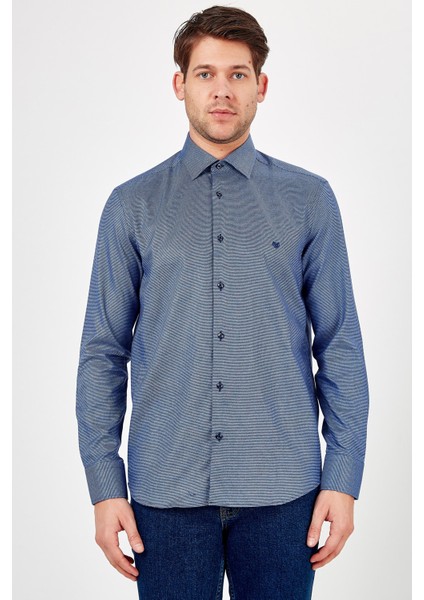 Erkek Mavi Desenli Slim Fit Uzun Kol Gömlek