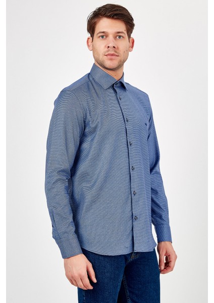 Erkek Mavi Desenli Slim Fit Uzun Kol Gömlek