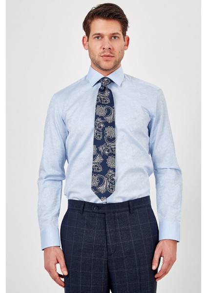 Erkek Açık Mavi Desenli Slim Fit Uzun Kol Gömlek