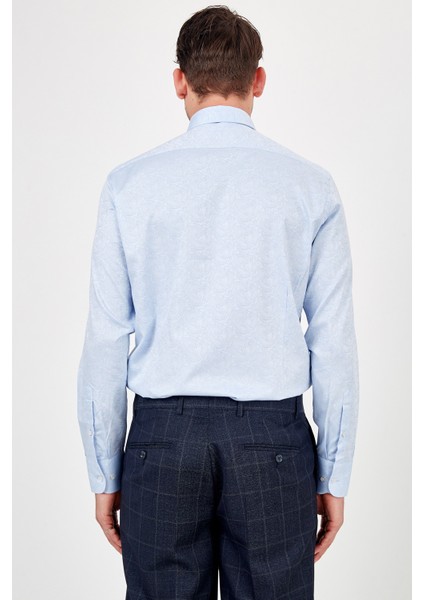Erkek Açık Mavi Desenli Slim Fit Uzun Kol Gömlek