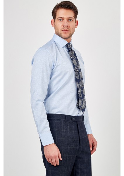 Erkek Açık Mavi Desenli Slim Fit Uzun Kol Gömlek