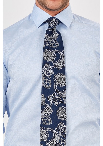 Erkek Açık Mavi Desenli Slim Fit Uzun Kol Gömlek