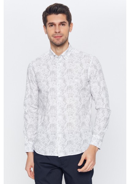 Erkek Beyaz-Gri Desenli Slim Fit Uzun Kol Gömlek