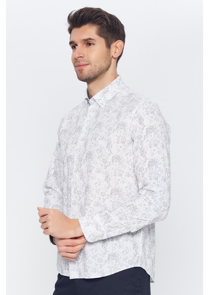 Erkek Beyaz-Gri Desenli Slim Fit Uzun Kol Gömlek fiyatları