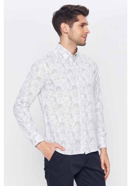 Erkek Beyaz-Gri Desenli Slim Fit Uzun Kol Gömlek modelleri