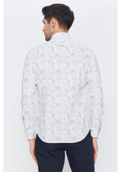 Erkek Beyaz-Gri Desenli Slim Fit Uzun Kol Gömlek fırsatları