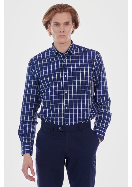 Erkek Lacivert Kareli Ekose Slim Fit Uzun Kol Gömlek