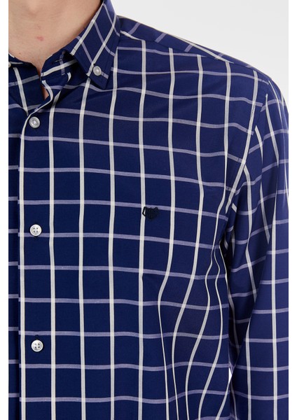 Erkek Lacivert Kareli Ekose Slim Fit Uzun Kol Gömlek