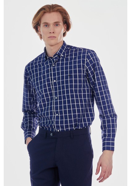 Erkek Lacivert Kareli Ekose Slim Fit Uzun Kol Gömlek