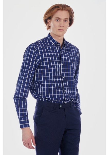 Erkek Lacivert Kareli Ekose Slim Fit Uzun Kol Gömlek