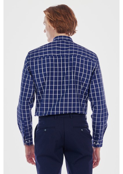 Erkek Lacivert Kareli Ekose Slim Fit Uzun Kol Gömlek