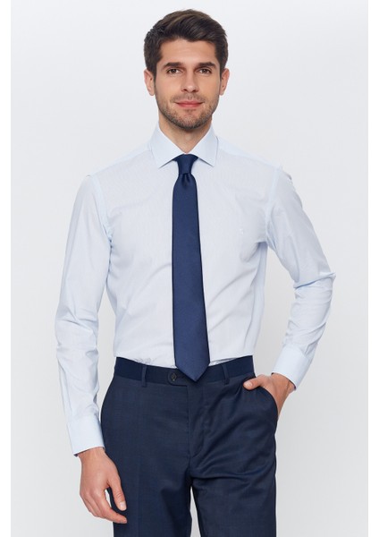 Erkek Açık Mavi-Beyaz Çizgili Slim Fit Uzun Kol Gömlek