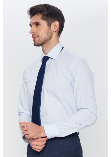 Erkek Açık Mavi-Beyaz Çizgili Slim Fit Uzun Kol Gömlek fiyatları