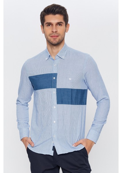 Erkek Mavi-Beyaz Çizgili Slim Fit Uzun Kol Gömlek