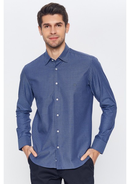 Erkek Lacivert Multicolor Desenli Slim Fit Uzun Kol Gömlek