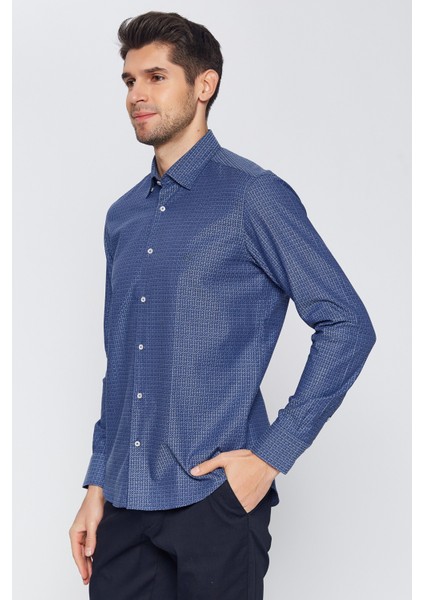 Erkek Lacivert Multicolor Desenli Slim Fit Uzun Kol Gömlek