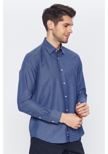 Erkek Lacivert Multicolor Desenli Slim Fit Uzun Kol Gömlek