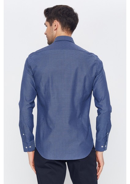 Erkek Lacivert Multicolor Desenli Slim Fit Uzun Kol Gömlek