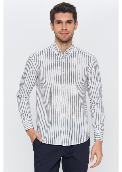 Erkek Beyaz-Yeşil Çizgili Slim Fit Uzun Kol Gömlek