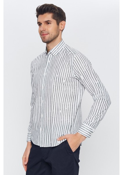 Erkek Beyaz-Yeşil Çizgili Slim Fit Uzun Kol Gömlek fiyatları