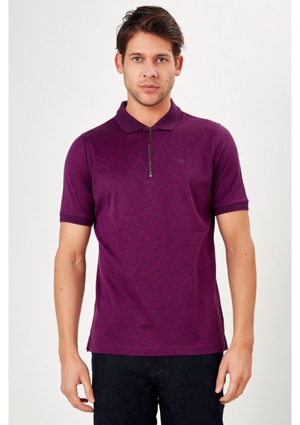 Erkek Koyu Mor Jakarlı Kısa Kol Polo Yaka T-Shirt