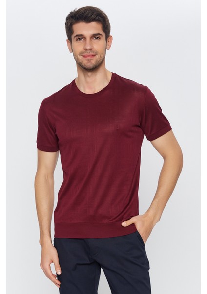 Erkek Bordo Jakarlı Kısa Kol Bisiklet Yaka T-Shirt