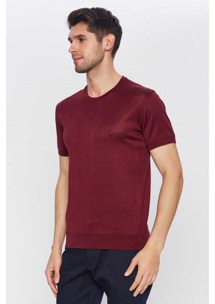 Erkek Bordo Jakarlı Kısa Kol Bisiklet Yaka T-Shirt modelleri